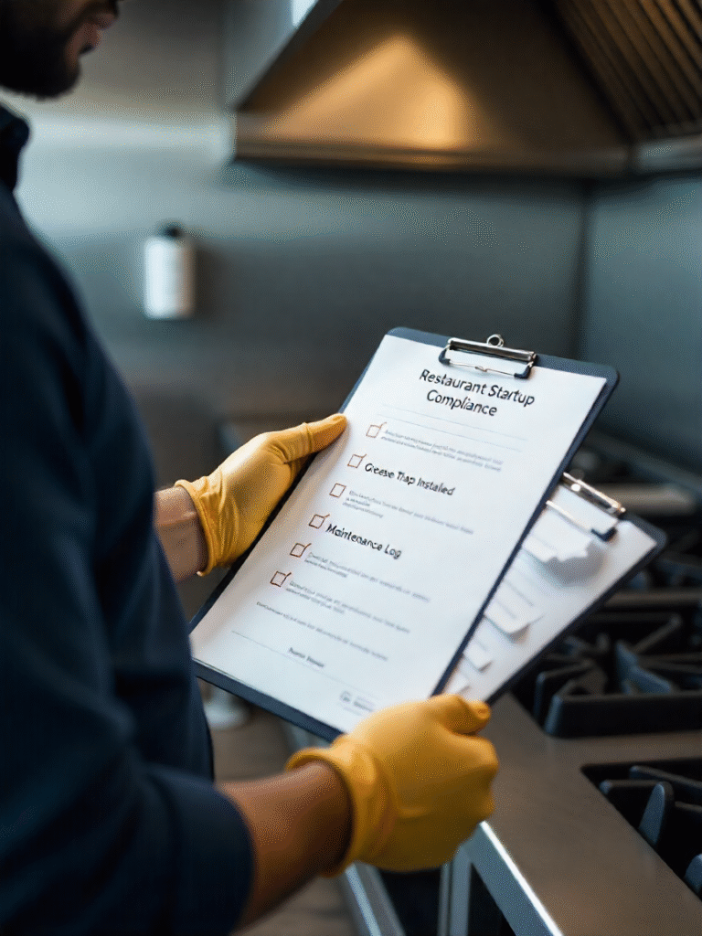 Mid-shot of a manager or consultant holding a printed “Restaurant Startup Compliance” checklist while inspecting kitchen equipment. Mood & style: Practical, focused, professional. Clean mid-contrast look. Staging checklist: • Handheld printed checklist visible with tick boxes: “Licenses,” “Grease Trap Installed,” “Food Safety,” “Maintenance Log.” • Manager in business casual, PPE (safety gloves optional). • Stainless-steel background (oven, pipes) slightly out of focus. • Clipboard or tablet nearby; safety gloves and pen visible. Camera & lens: • Camera: Full-frame (Canon / Sony) • Lens: 50mm prime or 35mm for slight context • Settings: f/2.8–f/4, 1/160s, ISO 200 • DOF: shallow to keep checklist sharp and background soft. Lighting: • Soft natural window light + small reflector to fill shadows on checklist. • Avoid specular highlights on paper. Composition & angle: • Mid-shot, 3/4 angle showing arm and checklist front-and-center. Checklist positioned slightly to right of frame for copy space. Shot list / variations: Mid-shot with checklist clearly legible (shallow DOF). Over-the-shoulder of manager looking at checklist with kitchen in background. Detail close-up of checkbox items being ticked. Post-production: • Slight contrast boost, sharpen text, neutral paper whites, retain camera grain if any for realism. • Ensure text on checklist is legible. File & SEO metadata: • Filename: compliance-checklist-restaurant-uae.jpg • Alt text: “Restaurant manager inspecting a printed startup compliance checklist with items including grease trap installed and licenses.” • Caption: “Restaurant compliance checklist in action — essential items such as grease trap installation and licensing.” • Metadata keywords: Restaurant Startup Checklist, Kitchen Compliance, Grease Trap Installed, Dubai Food Safety