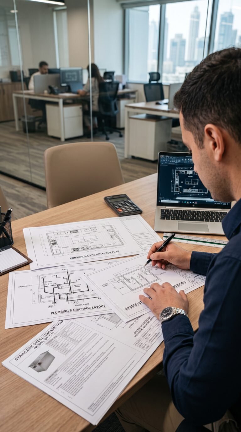 Engineer reviewing grease trap technical drawings and plumbing plans for a Dubai commercial kitchen