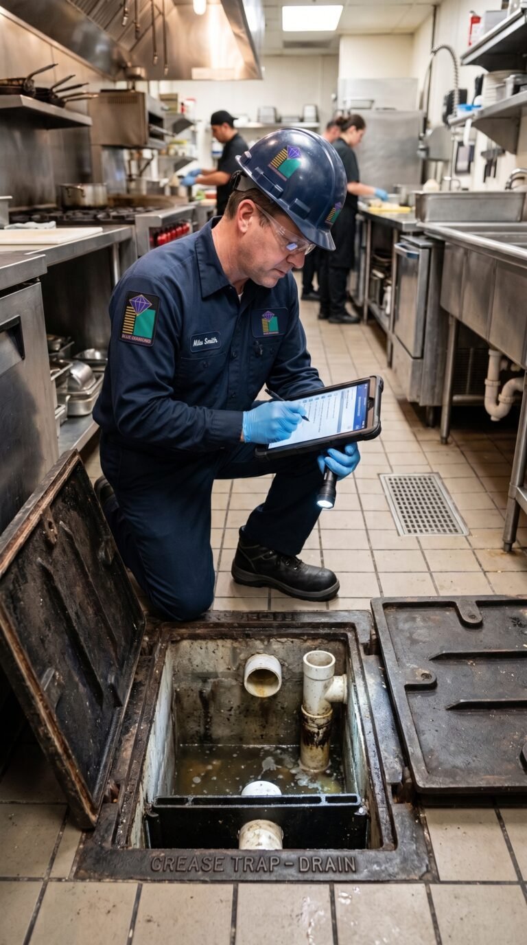 Technician inspecting a grease trap access point in a Dubai commercial kitchen