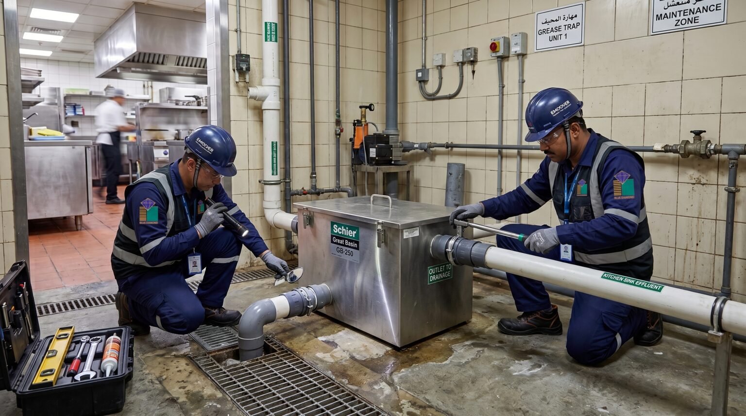 Technicians installing and checking a commercial grease trap system in Dubai