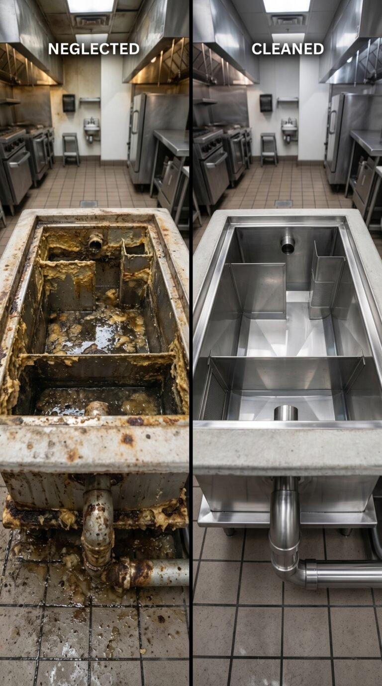 Split-screen real photograph showing a side-by-side comparison of a commercial grease trap interior. On the left side: a neglected grease trap with visible thick grease crust buildup