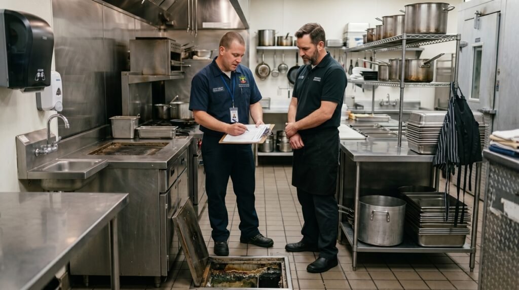 A municipal-style inspector reviewing the kitchen's grease trap area alongside a restaurant manager, clipboard in hand.