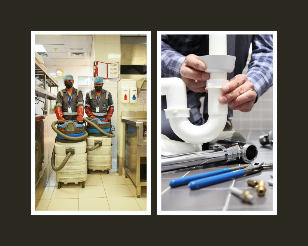 Grease Trap Cleaning Company vs. Plumber: Who to Call? 1 a split photo in the left side tow technicians for a grease trap cleaning and the right side a plumber